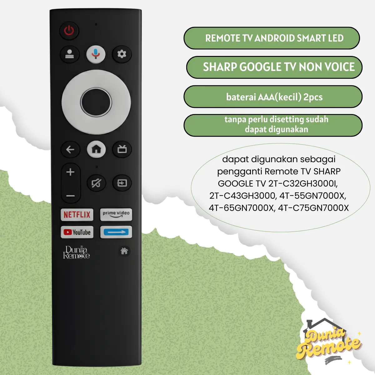 Remot Remote TV pengganti khusus SHARP GOOGLE TV Android SMART LED LCD 2T-C32GH3000I 2T-C43GH3000I NON VOICE