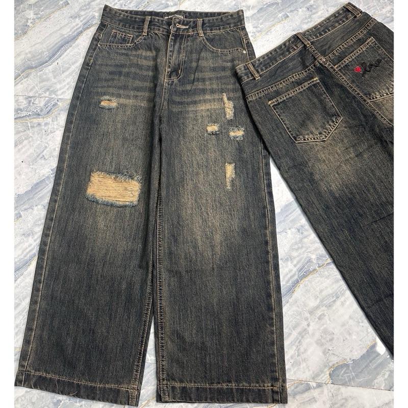 XL-2XL-3XL 94cm 3384 Quần Jean Ống Suông Nữ Xước Nhẹ Thêu Túi Sau Dành Cho Nấm Lùn Dài 94cm Ống Rộng