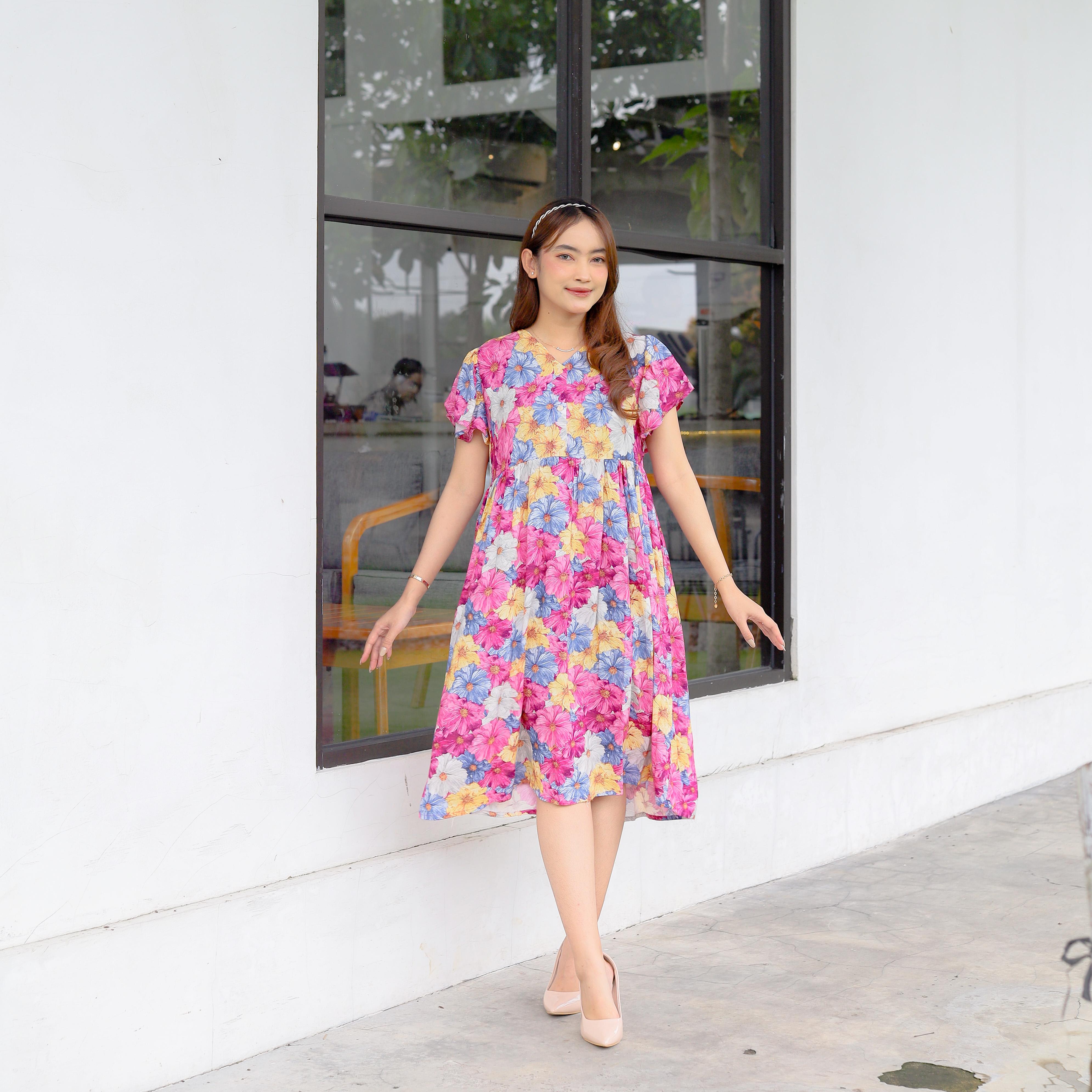 Dress Mysha Dewi Sri Wanita Dewasa Bahan Katun Rayon Viscose Diamond Motif Cantik Model Rample Nyaman Dipakai Harian