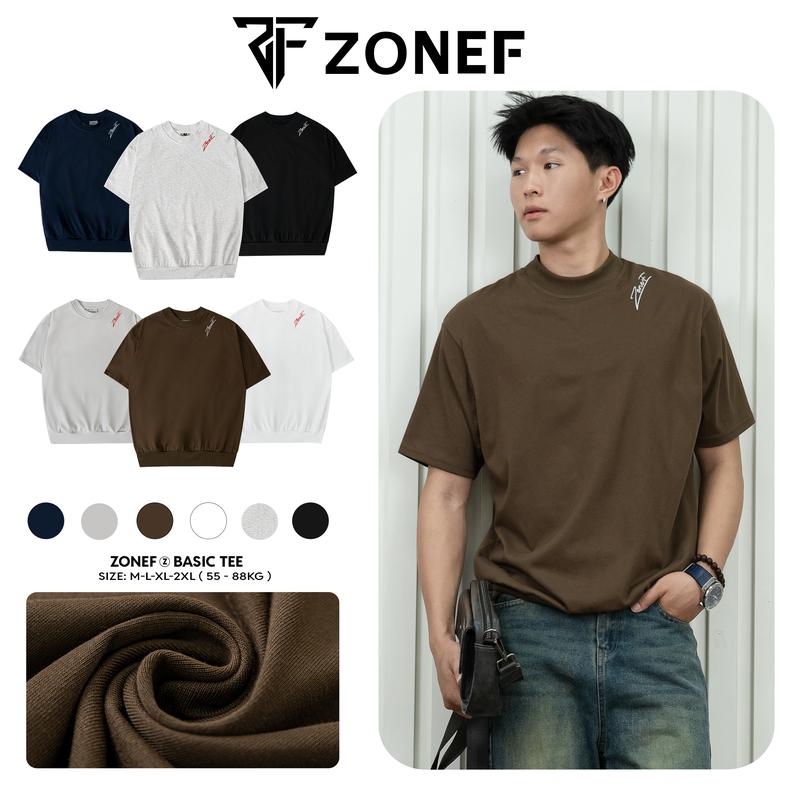Áo thun trơn cổ tròn form boxy logo thêu Zonef chất liệu cotton cao cấp Áo thun ngắn tay bo gấu nam nữ