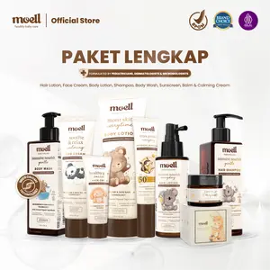 Moell - Complete Package Hair Lotion 100gr & Physical Sunscreen 30gr & Body Lotion 185gr & Body Wash 185gr & Shampoo 185gr & Calming Rub Cream 50gr & Face Cream 40gr & Multipurpose Balm 30gr - Skincare Lengkap Untuk Bayi dan Anak