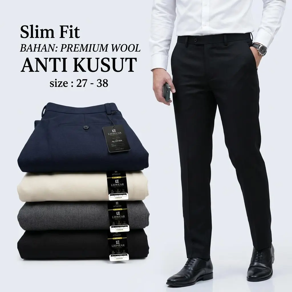 MURAH - Celana Pria Formal Bahan Premium Kerja Kantor Hitam Abu Cream Navy Halus Adem Nyaman