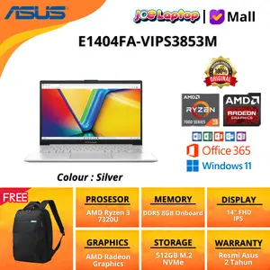 Asus Vivobook E1404FA-VIPS3853M Silver Ryzen 3 7320U Win11 OHS 4" FHD IPS 512GB M.2 NVMe DDR5 8GB AMD Radeon WiFi6E Cam Laptop Stylish Praktis Tangguh