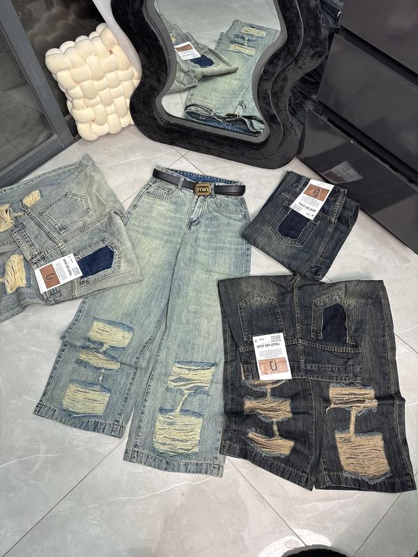 Quần Jeans ống rộng  (QCCC) nấm lùn rách tả tơi dài 95cm