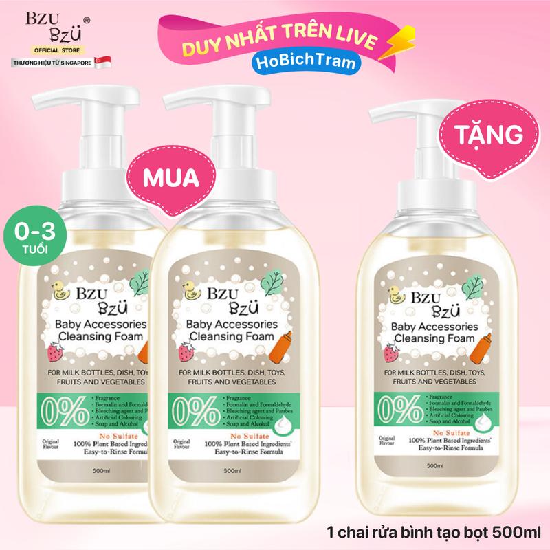   Hồ Bích Trâm  Combo 2 Chai Nước Rửa Bình Sữa Và Dụng Cụ Em Bé BZU BZU Tạo Bọt 4 Công Dụng 500Ml Cho Bé cọ  rửa 