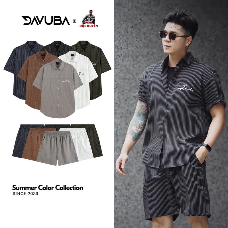 [DEAL Độc Quyền] Bộ quần áo DAVUBA kẻ sọc cộc tay nam nữ logo thêu SM130