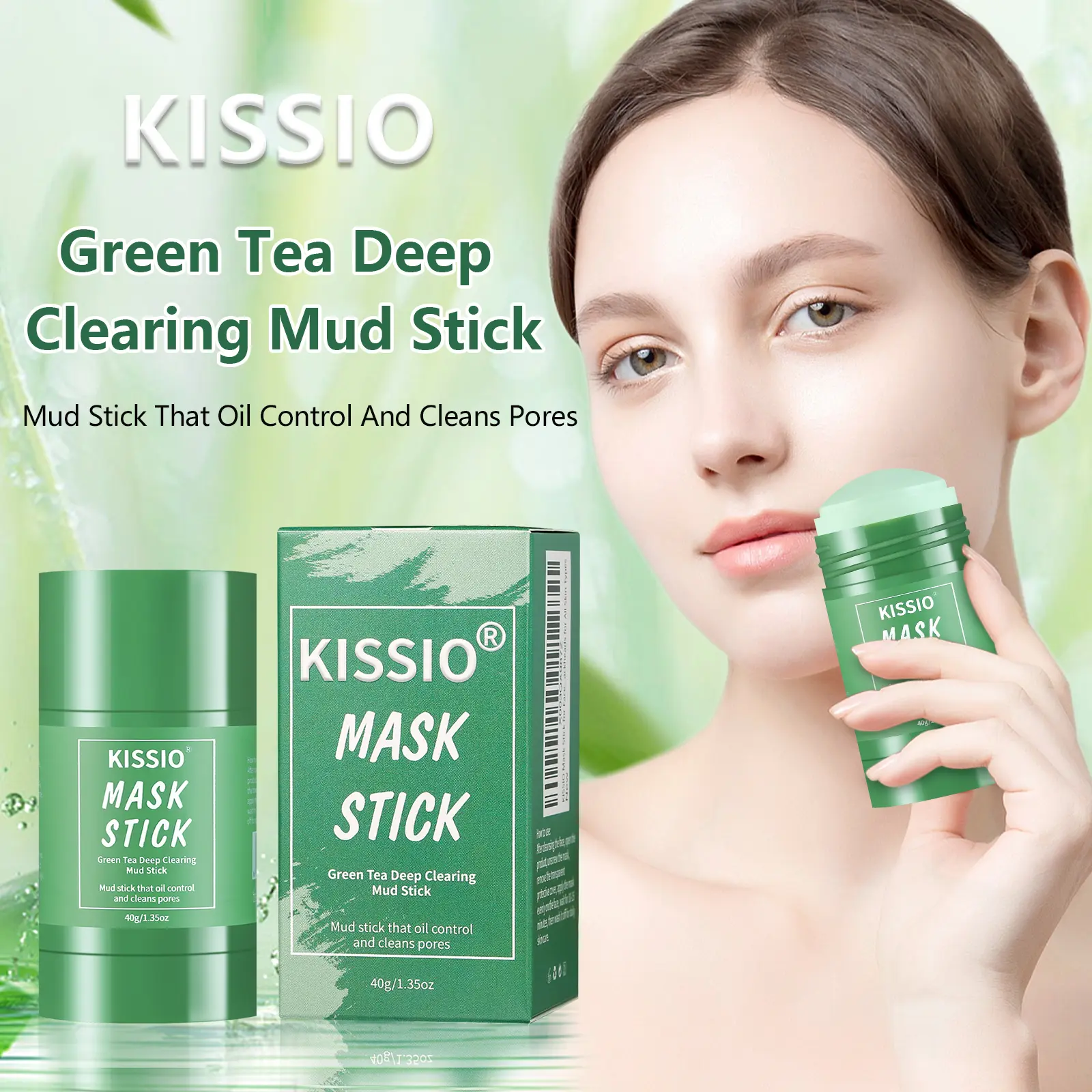 KISSIO Green Tea Mask Stick,Blackhead Remover,Face Mask with Volcanic Mud and Green Tea Extract,Deep Pore Cleansing,Moisturizing,Natural Mask Stick for All Skin Types,Cruelty free,1.35 oz