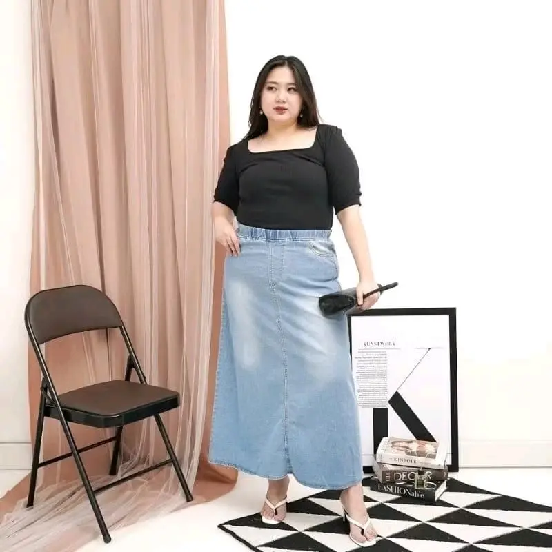 Rok jeans panjang jumbo pinggang karet // rok jeans wanita jeans bahan melar // rok jeans wanita size 27-42