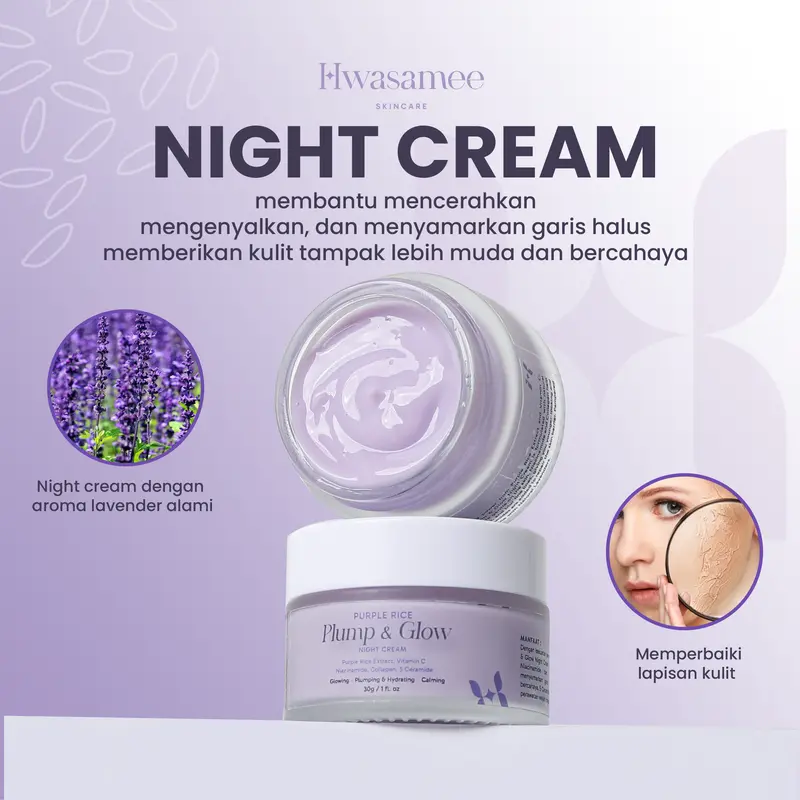 HWASAMEE [Serum 5in1 + Night Cream 10x Brightening ] Perawatan Malam Sempurna Bangun Dengan Wajah Glowing Kenyal Terjaga Kelembaban Kulit Ceramide Extract Niacinamide Pencerah Purple Vitamin Lavender Memudarkan Mencerahkan 4
