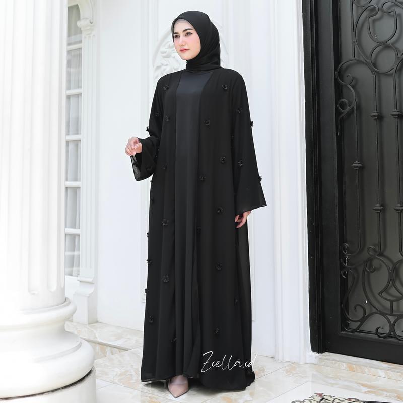 Ziella - Fatimah Abaya 2in1 Outer dan Inner With Bunga Organza 3D bahan Ceruty Babydoll Jersey Abaya Adem Nyaman Dipakai Tidak Menerawang 8