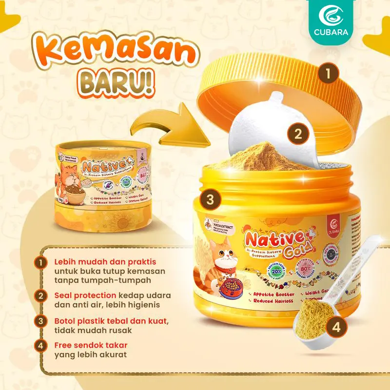 Vitamin Kucing NATIVE+ GOLD 110gr Protein Tinggi GOLDEN POWDER untuk Peningkat Nafsu Makan, Berat Badan, Gembul, Kulit Sehat, Cegah Bulu Rontok, Imunitas, Daya Tahan Tubuh, Kesehatan Pencernaan, dan Pelengkap Nutrisi Makanan Harian Kucing 1