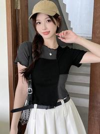 Gambar Women Crop Top Two Color Round Neck Short Sleeve 1802 (S/M/L) - Black Combi Grey, S dari 99koutlet Kab. Tangerang 2 Tokopedia