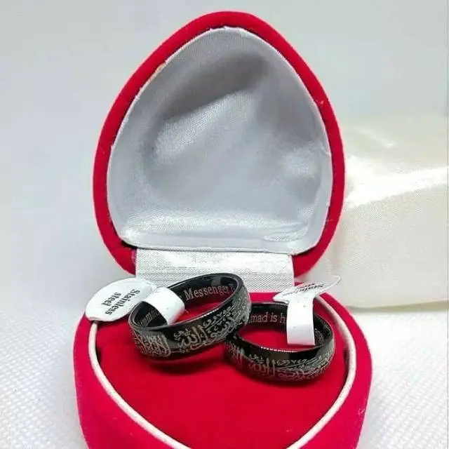 Cincin Tauhid couple Muslim lafadz ukir kaligrafi Dan Sisi Rata Polos Titanium Stainless Steel anti karat selamanya 4