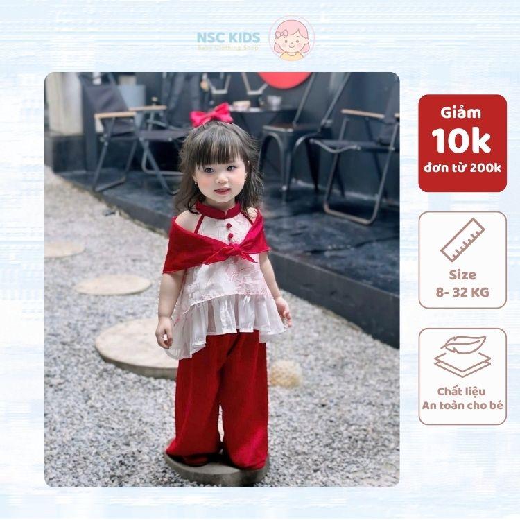 Set áo yếm lụa hoa đính cúc kèm quần lụa cho bé gái Kèm Khăn tuban NSC KIDS