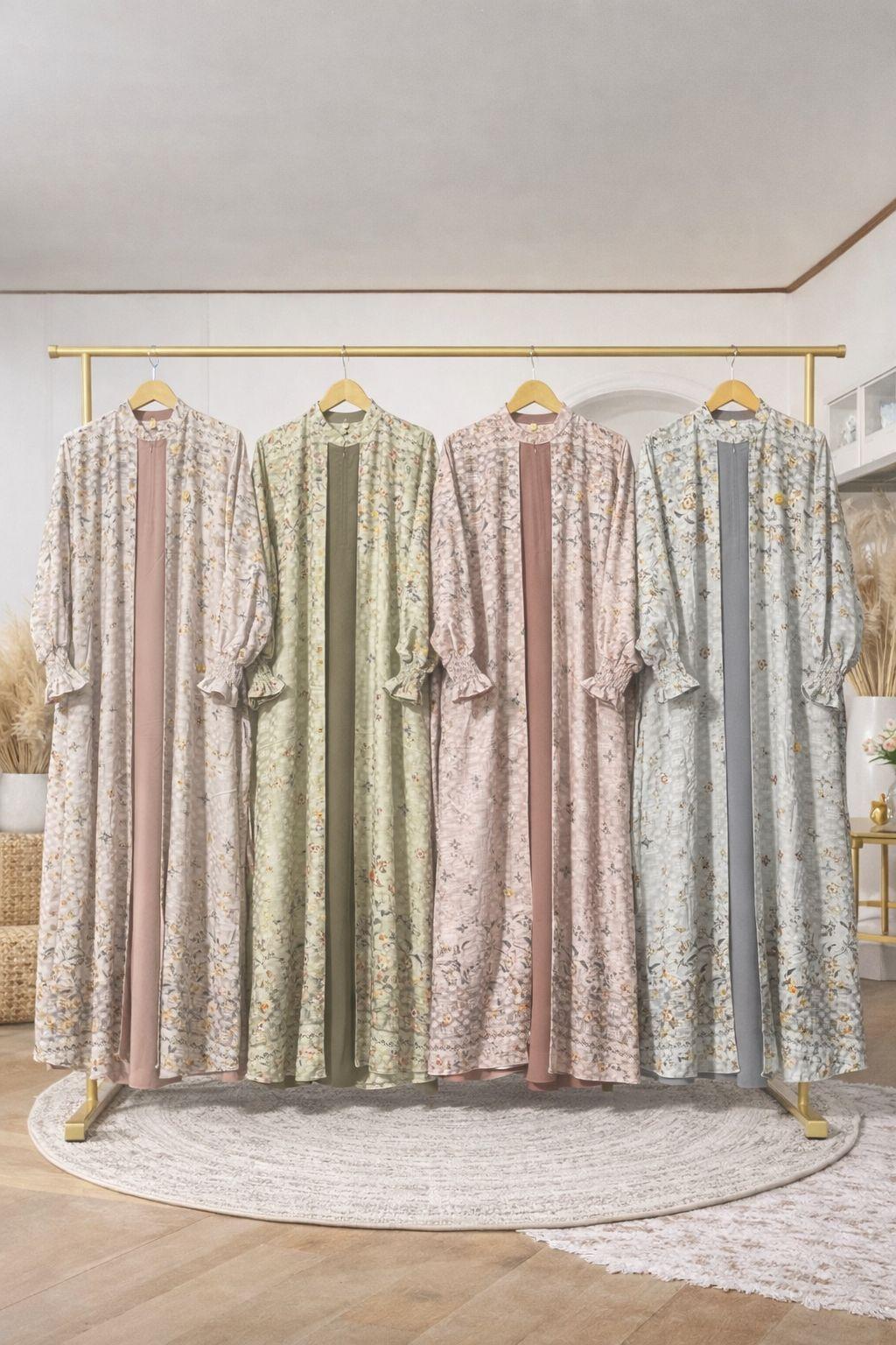 Gamis Lebaran 2026 Baju Hari Raya Model Kekinian Motif Bunga Bahan Viscose Jaquard Mix Sabrina Adem Lembut Jatuh Dress Muslim Cantik