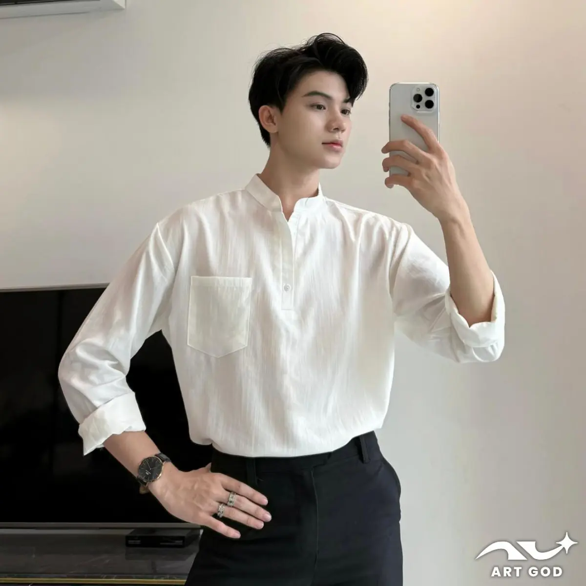 Áo sơ mi đũi cổ trụ tàu Classic Shirt chất đũi xước mềm nhẹ thoát mát phong cách casual lịch lãm ARTGOD HM077