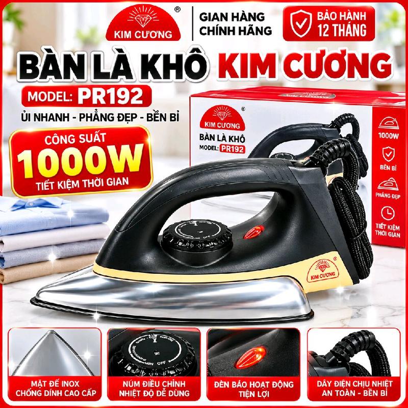 Bàn Ủi Khô Kim Cương PR192 1000W, Bàn Là Điện Mặt Đế Chống Dính, Điều Chỉnh Nhiệt Độ