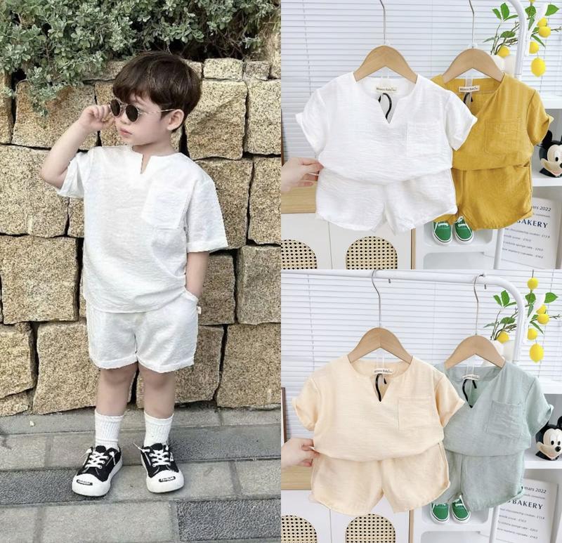 DT02 Bộ quần áo vải đũi trơn cho bé trai mẫu đơn giản kiểu nhẹ nhàng vải mềm thấm hút mồ hôi size 8kg đến 25kg