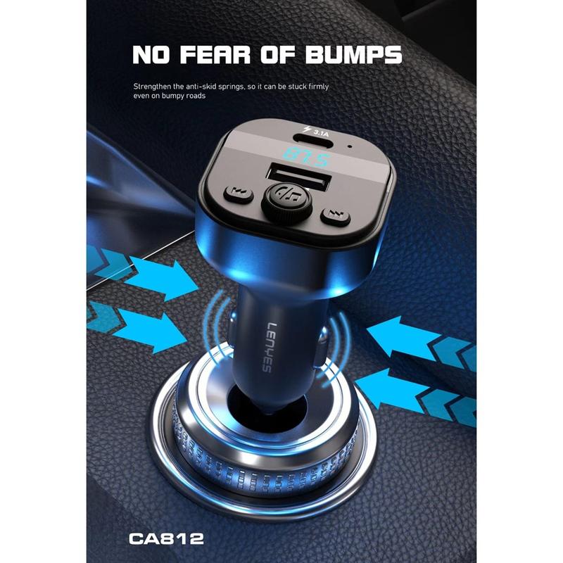 LENYES Car Charger FM Transmitter CA812 Bluetooth 5.3 Modulator Adaptor Mobil Dual Port USB + Type C With Mic 7