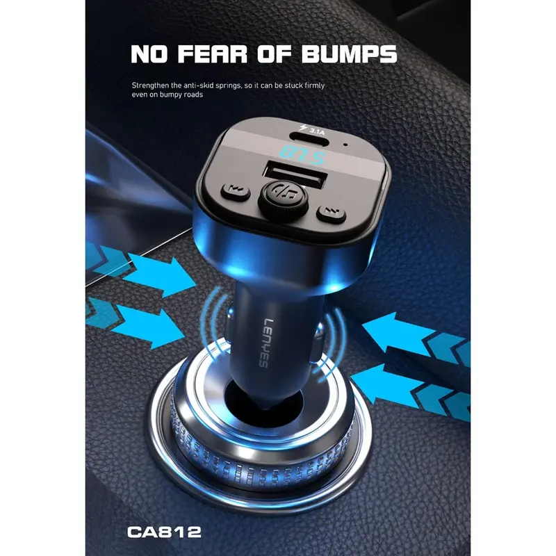 LENYES Car Charger FM Transmitter CA812 Bluetooth 5.3 Modulator Adaptor Mobil Dual Port USB + Type C With Mic 7