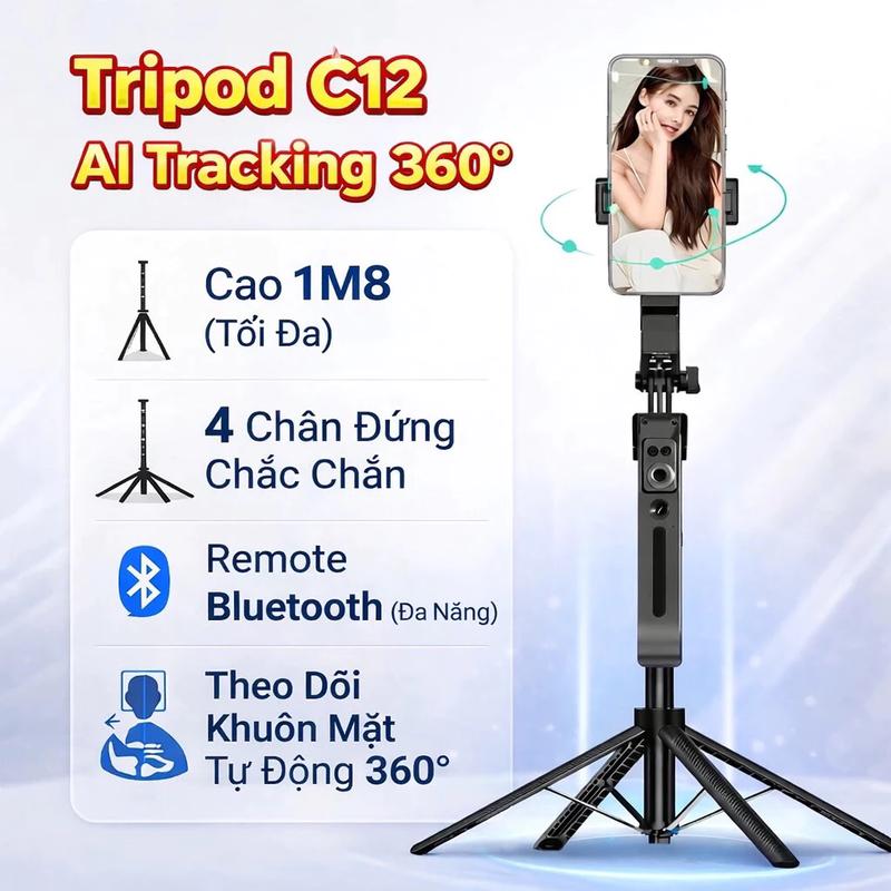 Gimbal C12 360° Ai Theo Dõi Di Chuyển Theo Người Thông Minh 4 chân cao 1m8,…