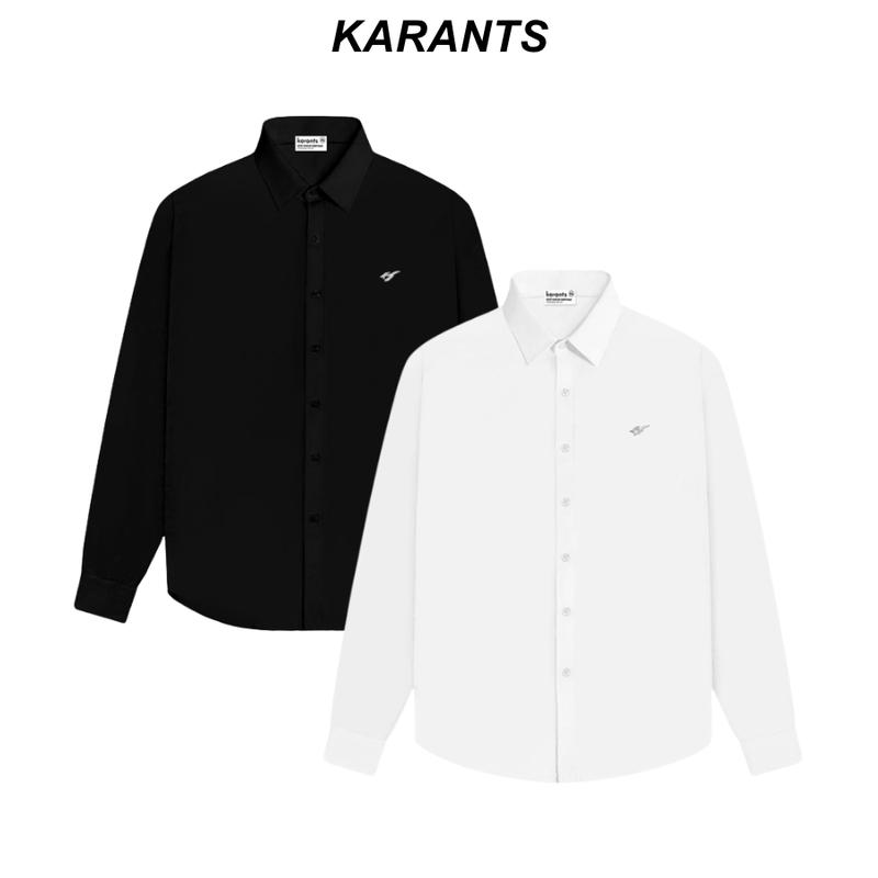 Áo Sơ Mi Trơn Logo KimLoại Karants Tay Dài Form Oversize Vải Cotton Lạnh Premium Nam Nữ Unisex Menswear Hot Trend 2025 - KR234