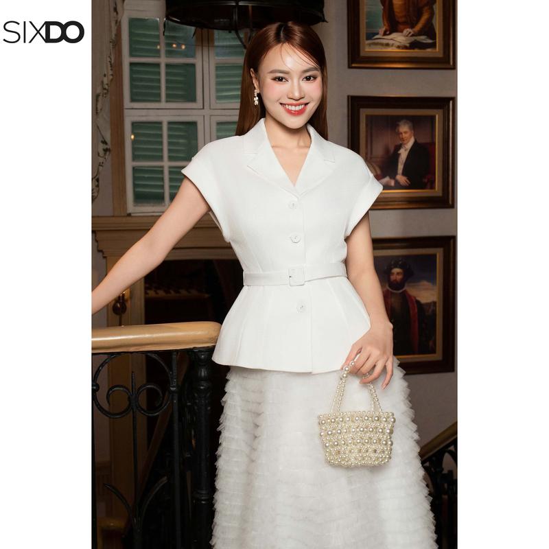Áo vest nữ trắng cổ V tay hến SIXDO White Raw Vest