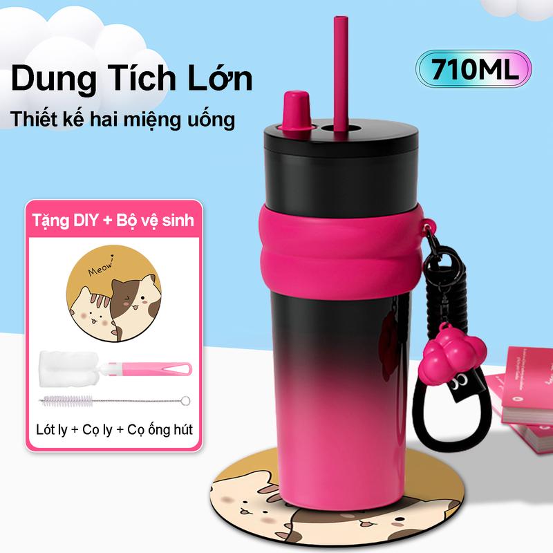 MUA 1 TẶNG 3 (Tặng kèm lót ly + bàn chải ống hút + bàn chải vệ sinh) - Bình Giữ Nhiệt 316 Siêu Giữ Lạnh 710ml Inox 3 Lớp Chống Va Đập Màu Chuyển Sắc Thiết Kế Ô Tô Ống Hút Cố Định Tiện Lợi Dây Đeo Dày Dặn