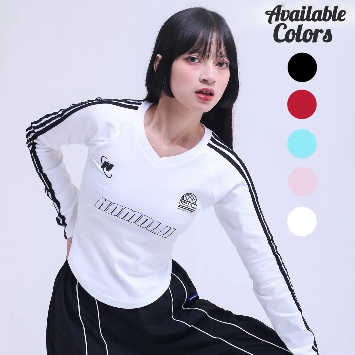 NOMOLU - Croptop Long Sleeve Baju Wanita Lengan Panjang V-Neck - Casual, Basic, Polos, Kaos, Cewek, Stripe