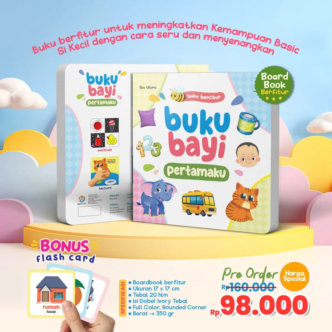 buku bayi mini boardbook 100 kata pertamaku pintar baby new born book edukasi anak interaktif dengan fitur menarik untuk stimulasi sensorik serta pekembangan kognitif bergambar kontras bonus flash card murah 0 6 12 bulan 1 2 3 tahun - ziyadbooks