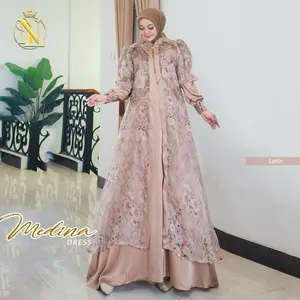 Nalafashion Medina Dres Silk Mix Organza Tencel Ziper Depan Tangan Smoke Gamis Muslim