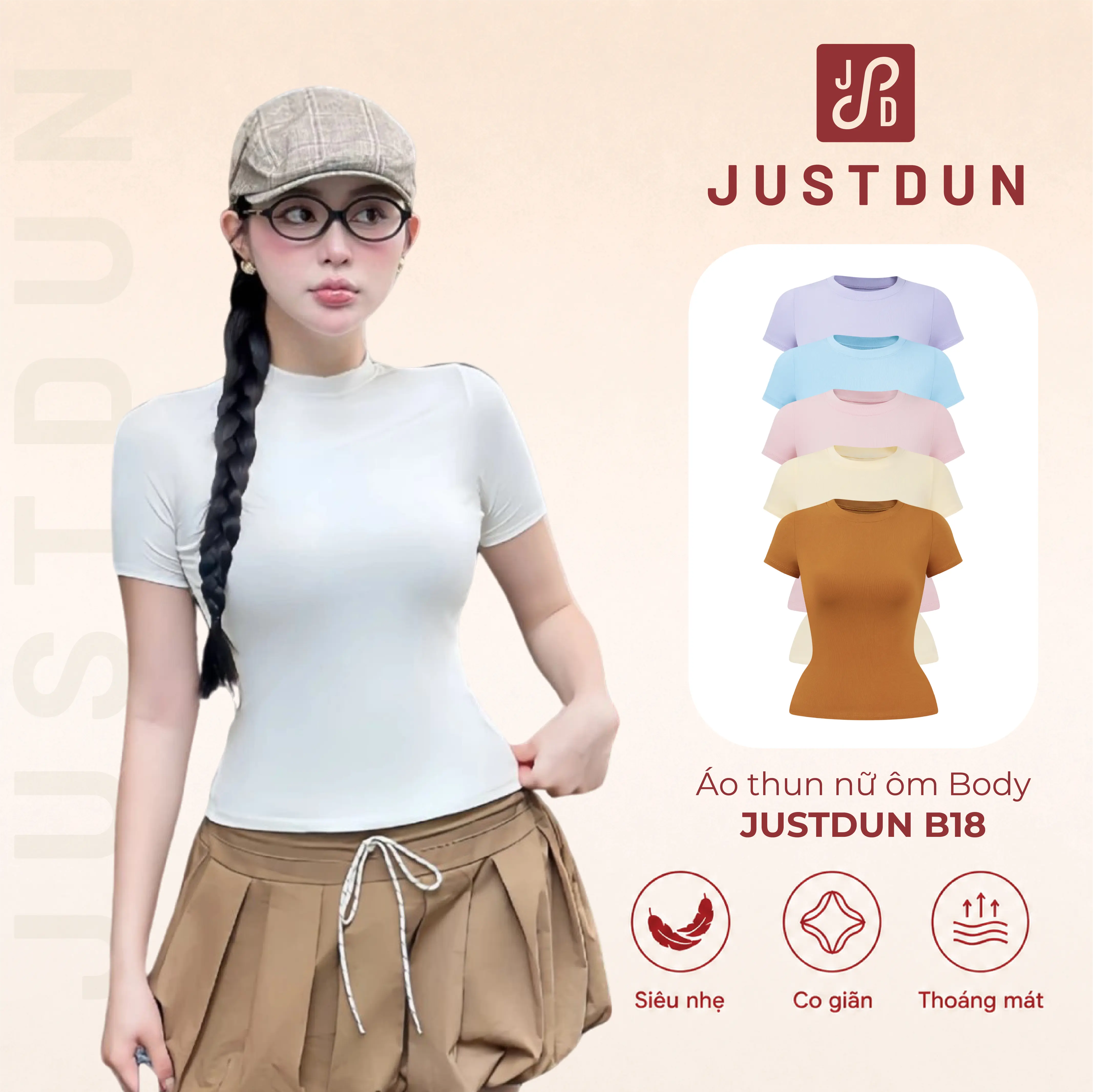 JUSTDUN Áo Thun Nữ Ôm Thắt Eo Body JUSTDUN B18 Cổ Tròn Tay Ngắn, Cotton Mịn Co Giãn 4 Chiều, Mềm Mại Thoáng Khí.
