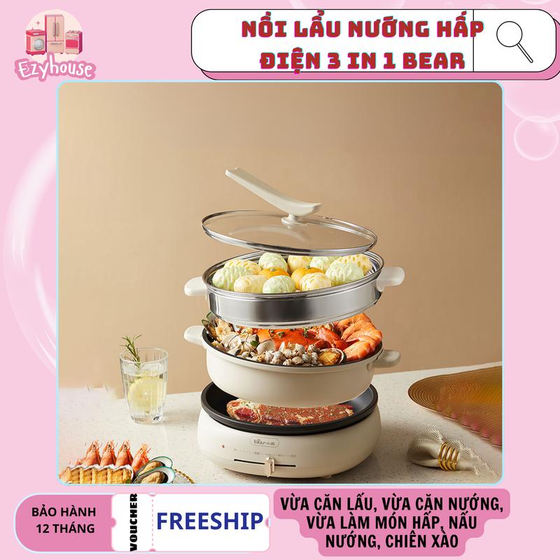 Nồi lẩu nướng BEAR 3 in 1, kèm khay hấp, lẩu, nướng đa năng, dung tích 4 lít, BẢO HÀNH 12 THÁNG