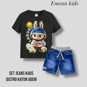 EMRAN KIDS setelan anak laki laki jeans kaos distro motif labubu kucing katun adem usia 1-8 tahun Fashion Cowok Cewek Bunda Parsel