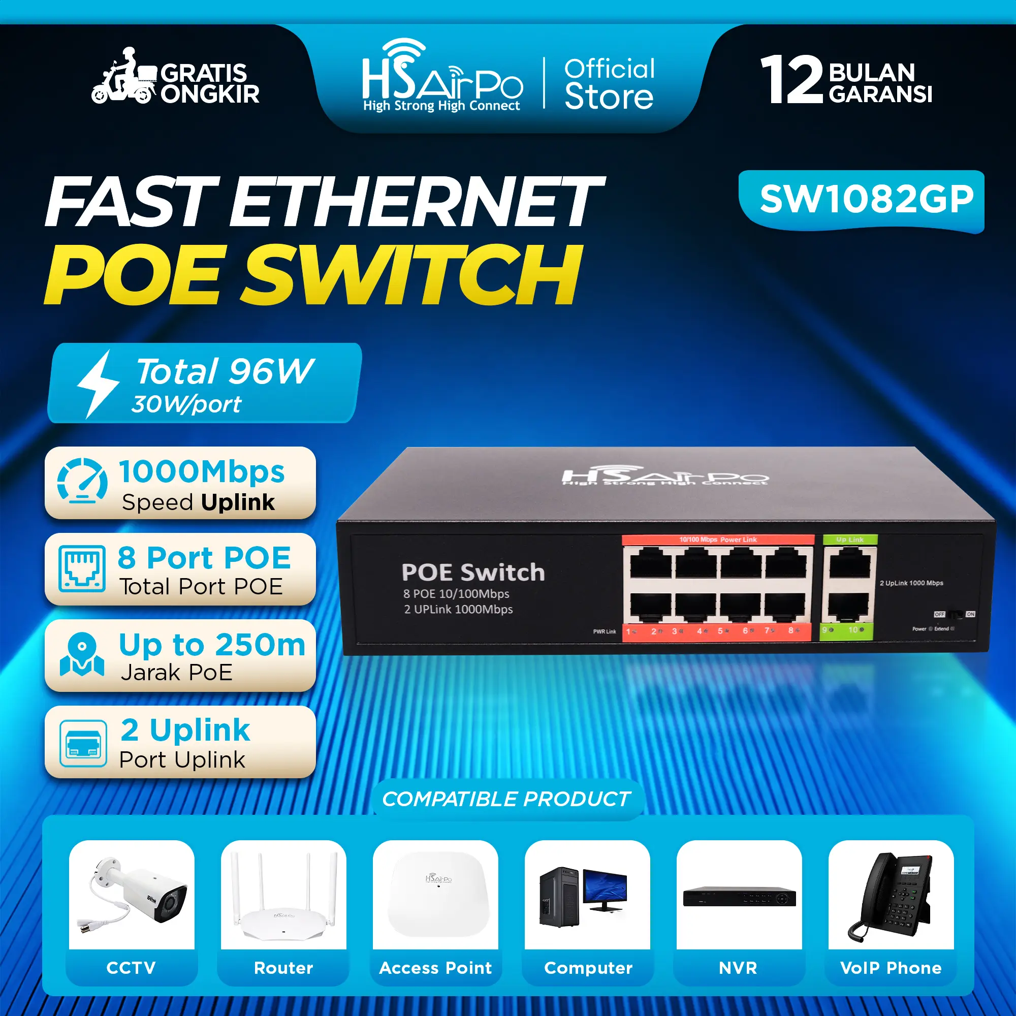 HSAirPo SW1082GP POE Switch 8 Port + 2 Uplink