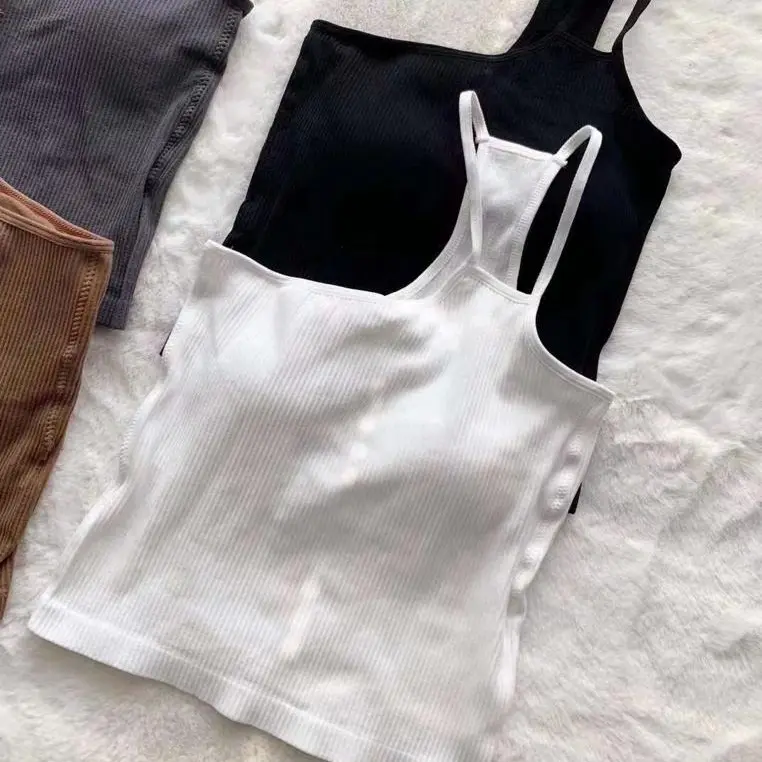 Crop Top Tanktop Wanita One Shoulder Tali Kecil Kamisol Korean Atasan Tank Top With Cup Bra Fit 119 3