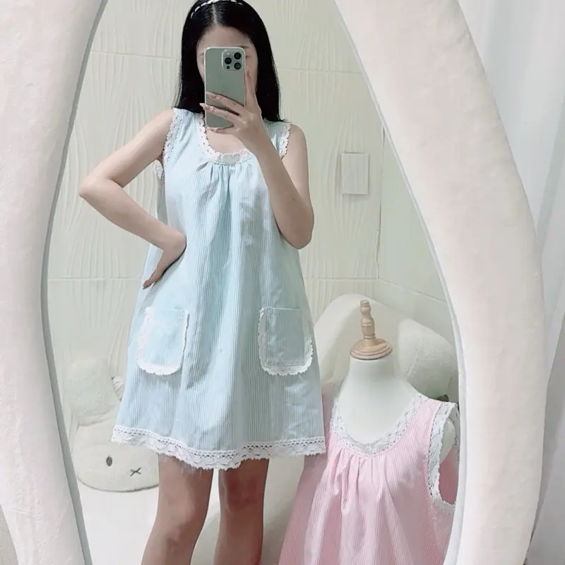 M22 đầm mặc nhà nữ chất cotton hoạ tiết sọc phối túi dễ thương, đầm ngủ mùa hè nữ