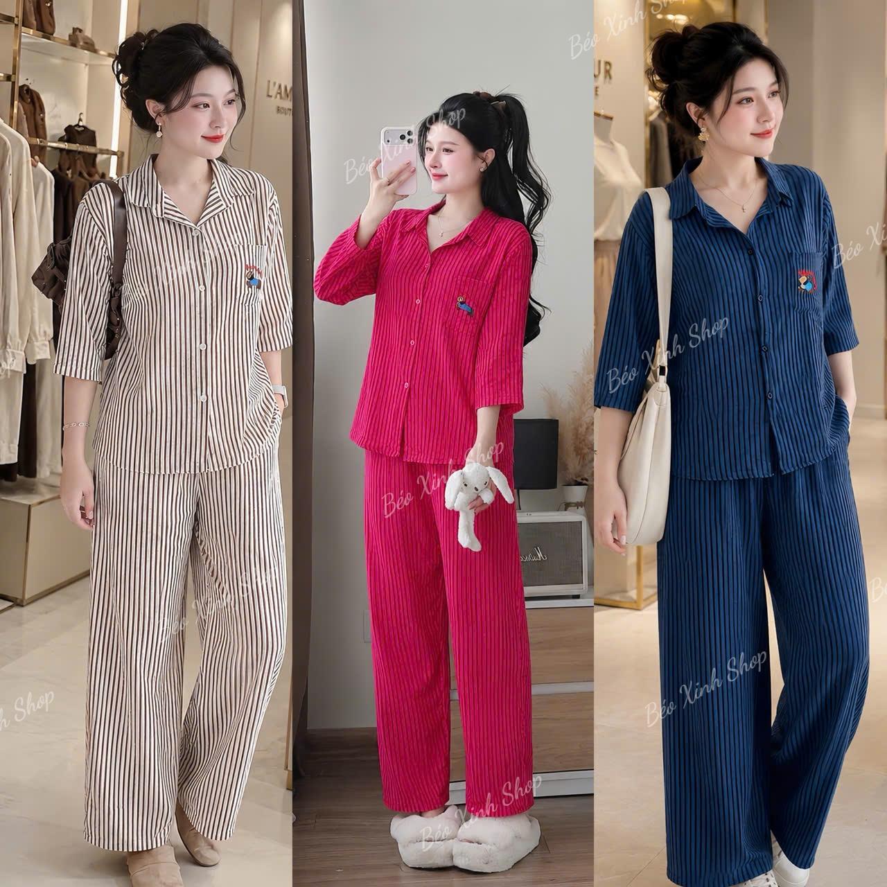 Béo Xinh Shop Set Bộ Nữ Vải Sọc Thêu Tay Lửng Bigsize Phối Áo Sơ Mi Quần Dài Ống Suông 45-80kg - A.1809