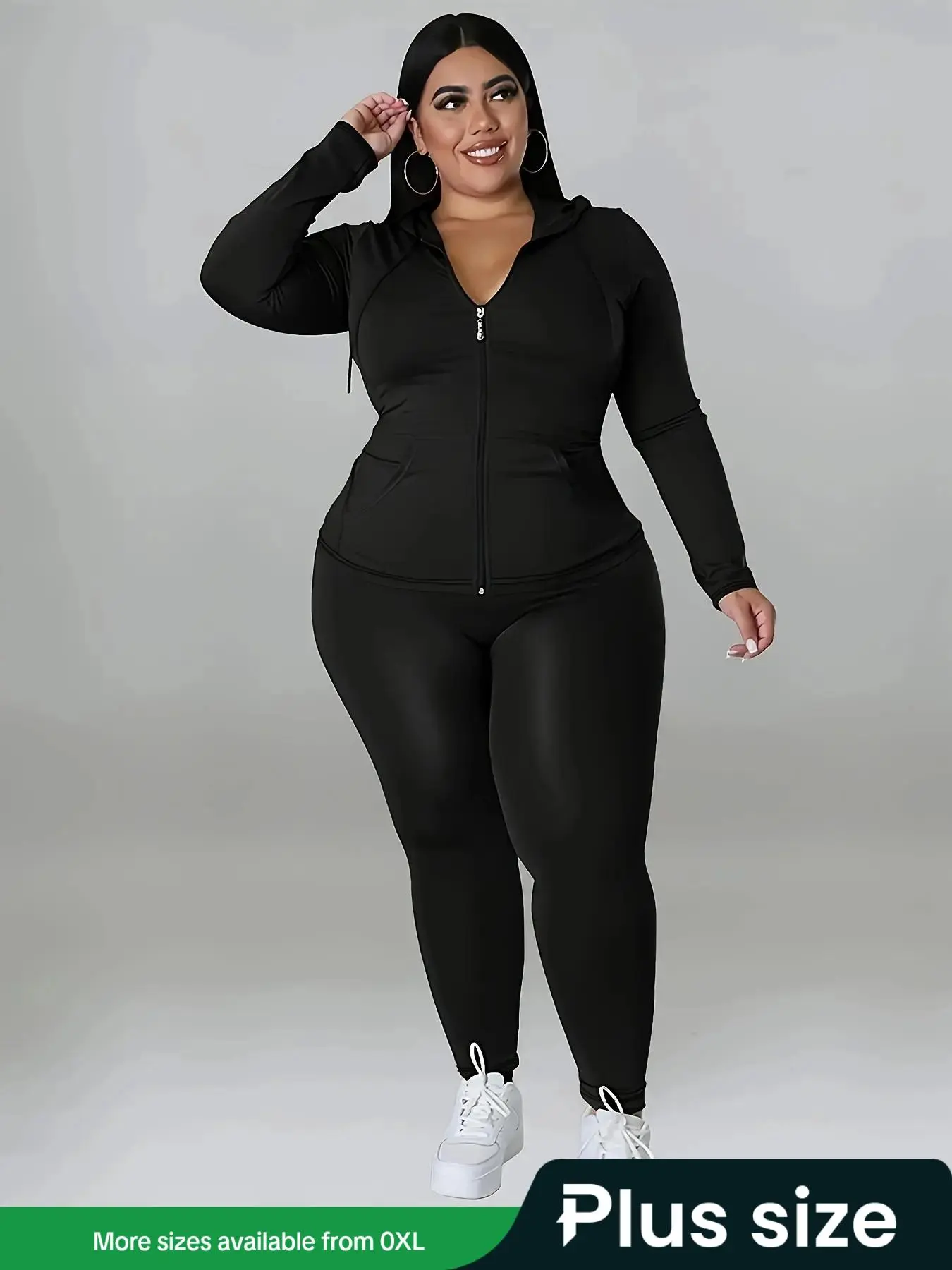Plus Size Solid Zip Up Hooded Top & Skinny Pants Set, Casual Long Sleeve Hooded Outerwear & Trousers for Women, Women's Christmas and New Year Two-piece Outfits for Spring & Fall & Winter, Clothing