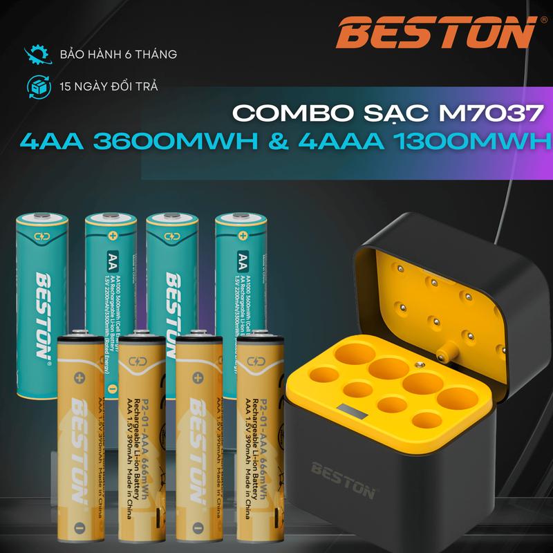  BESTON Combo Sạc M7037 4 Pin AA & 4 Pin AAA Li-ion 1.5V Dùng Cho Micra Kaoke Đèn LED Đồng Hồ Máy Đo Huyết Áp Pin Li-ion Siêu Bền 1000 Lần Sạc Xả 