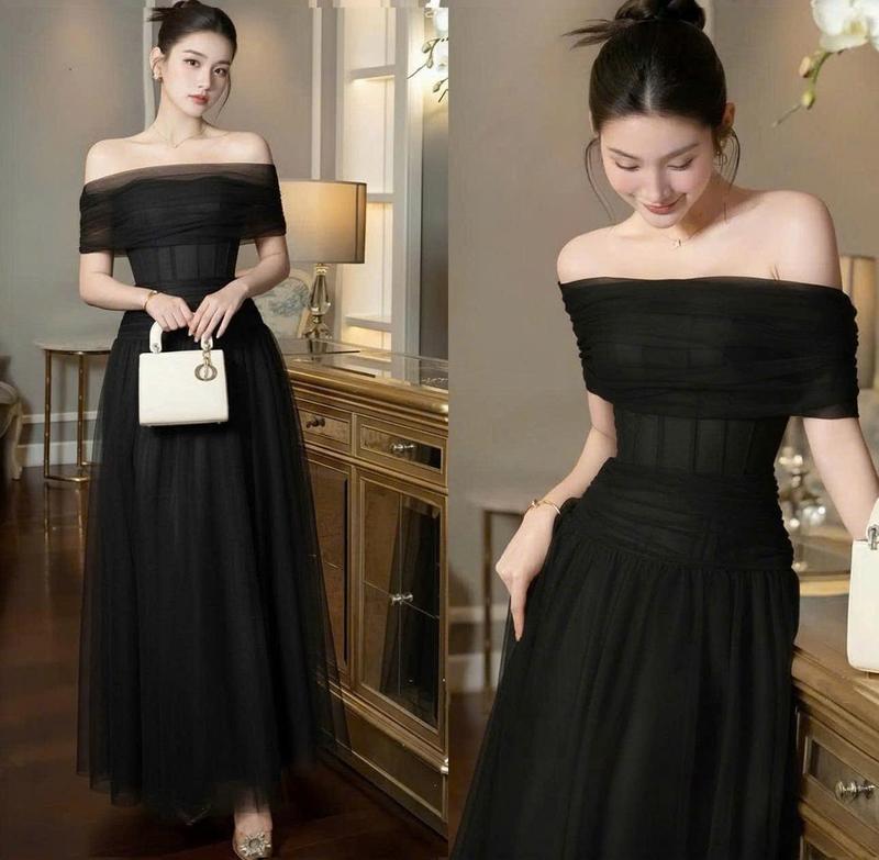  BIGSIZE HIẾU HIẾU  55-95KG  - Đầm nữ thiết kế voan bẹt vai trơn dáng dài đi tiệc D567 