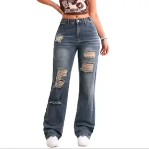 celana jeans Highwaist baggy losse retro Amerika sobek unisek terbaru Wanita