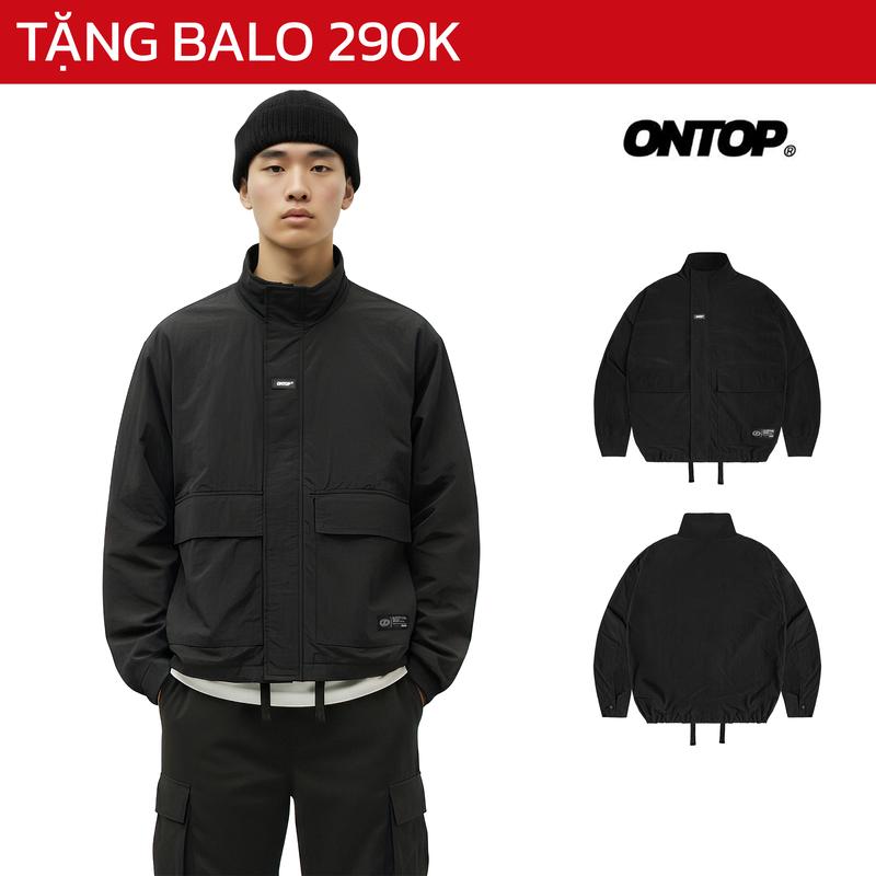 Áo khoác gió nhăn 2 lớp nam nữ ONTOP cổ trụ màu đen có túi trong Cargo Pocket Jacket | O-AK2