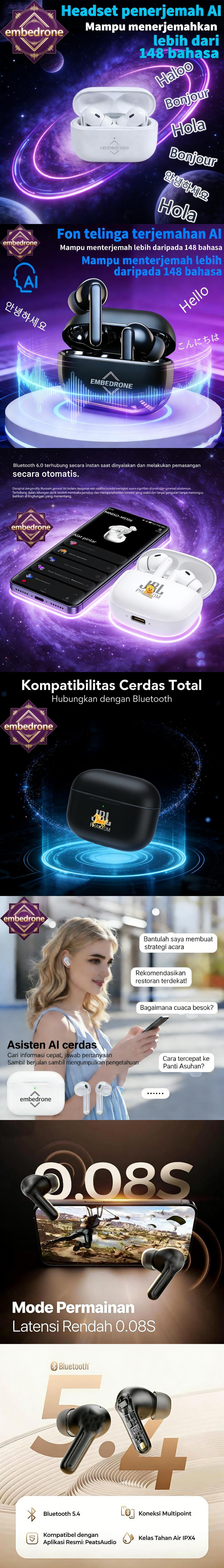 embedrone 2026 NEW AI PHANTOM K80 Earphone Nirkabel,Anti Air Dalam, Baterai Tahan Lama, TWS, Bass Kuat,Surround 3D, Peredam Suara Cerdas, Gaming, Panggilan,Musik, Olahraga, Earphone Bluetooth Nirkabel