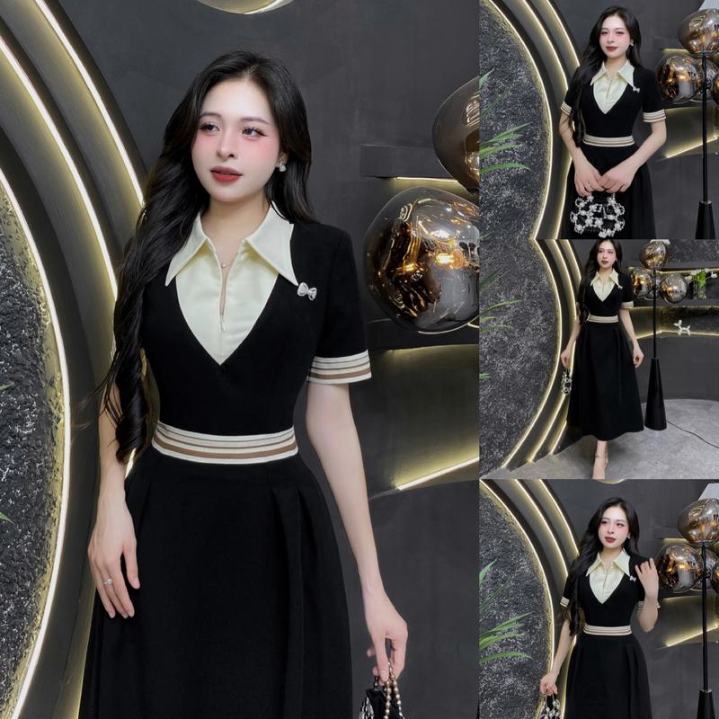 EV91 - Váy Thiết Kế Evii dành cho nữ, Đầm thiết kế cổ đức phối khóa kéo trước ngực (tặng kèm nơ cài) dáng A xòe dài phù hợp đi làm, đi chơi và đi dự tiệc. Có Bigsize Women Dress