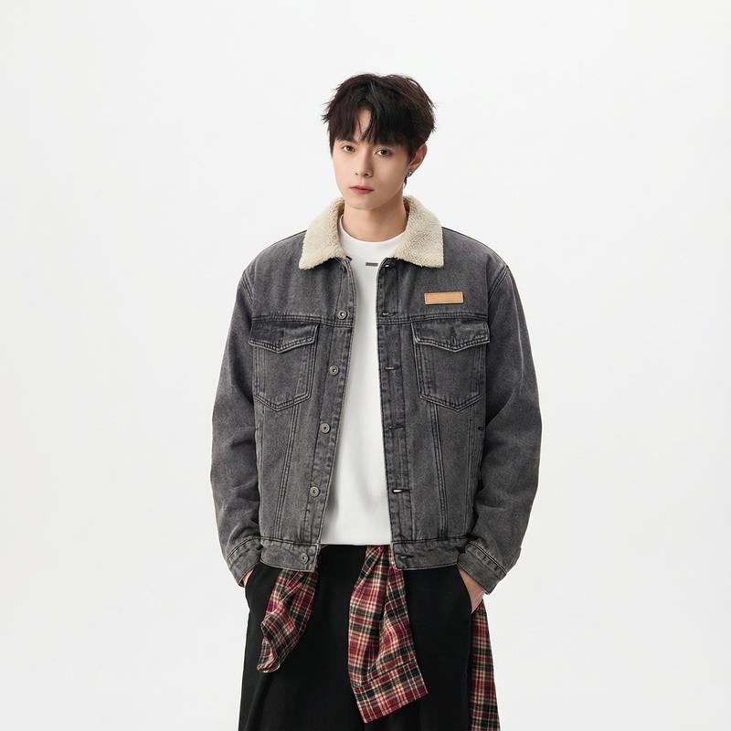【TIDEBEAR Áo Khoác Denim Lông Cừu Phong Cách Mỹ Dành Cho Nam Dáng Rộng Vừa Vặn Lông Cừu Da Cừu Áo Khoác Bông Ấm Áp