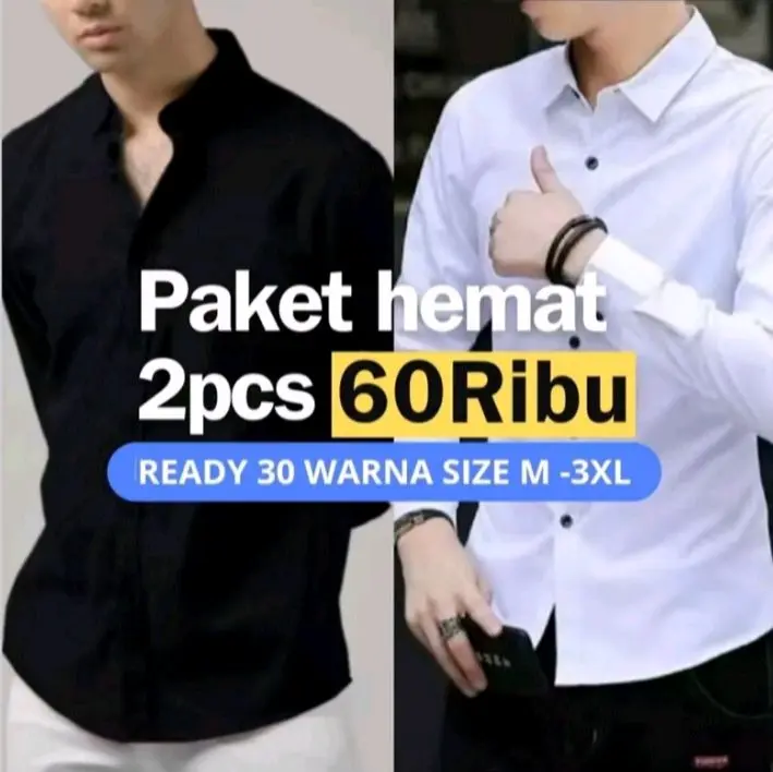 promo hemat 2 pcs kemeja pria lengan panjang polos dewasa slimfit bahan Vito signature hitam