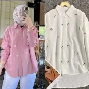 Zahra Kemeja Wanita Bordir Ukuran Standar Dan Jumbo Full Kancing Bahan Linen Baju Casual dan Atasan Formal / Kerja. Basic