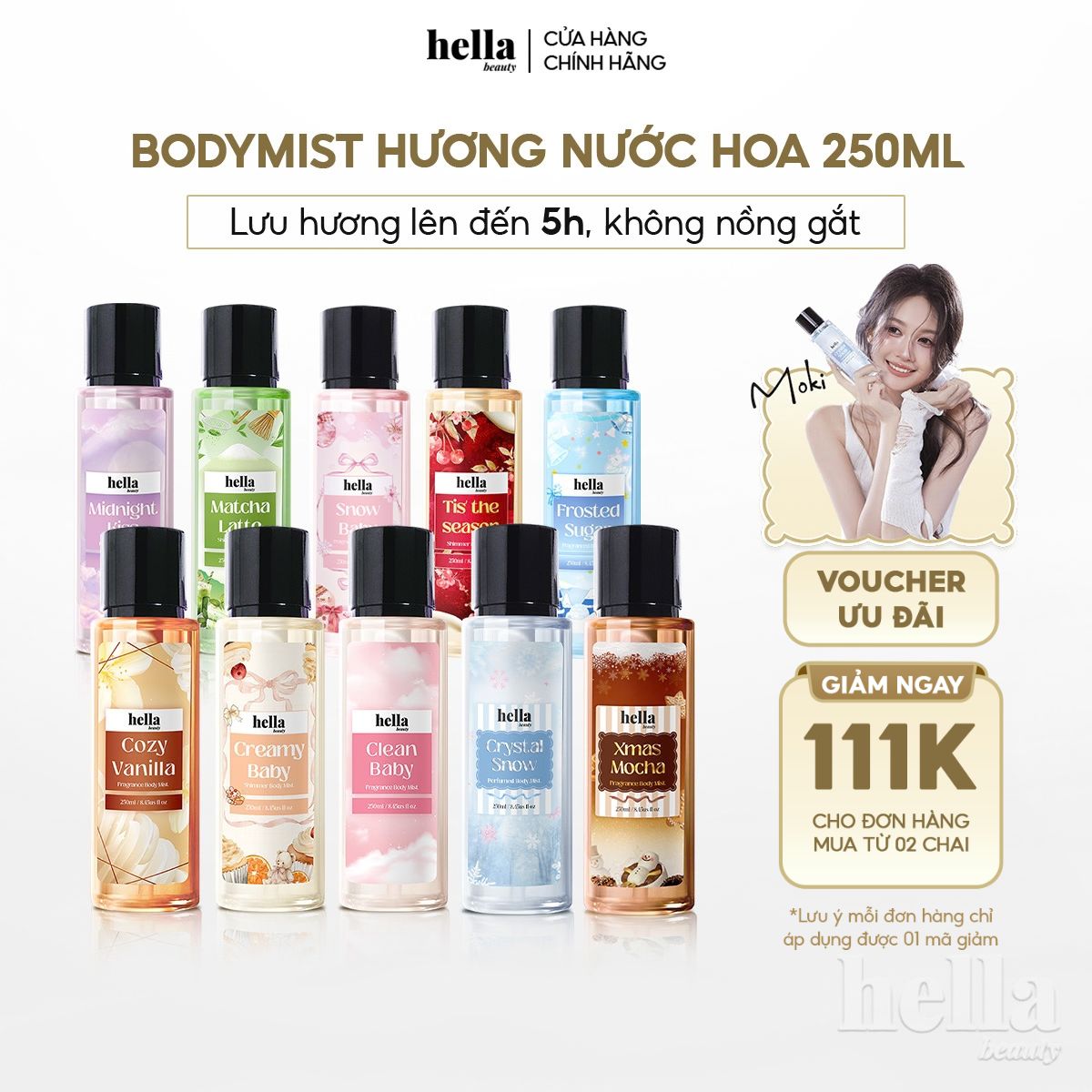 (MUA 2 GIẢM THÊM 111K)Xịt thơm body mist hương nước hoa Hella Beauty 250ml lưu hương lâu, an toàn cho da nhạy cảm