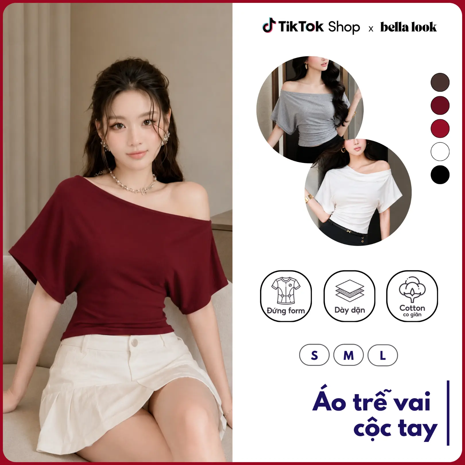 Áo Trễ Vai Cộc Tay Nữ Women Cotton Co Giãn BellaLook-623 [DEAL Mở Bán SỐC]